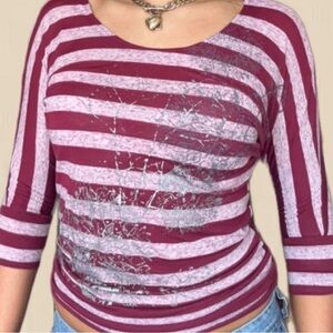 Y2K Marron Striped 3/4 Sleeve Dolman Top